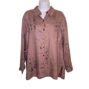 Chico's Design Vintage Linen Brown Graphic Long Sleeve Shirt Shacket Size 2